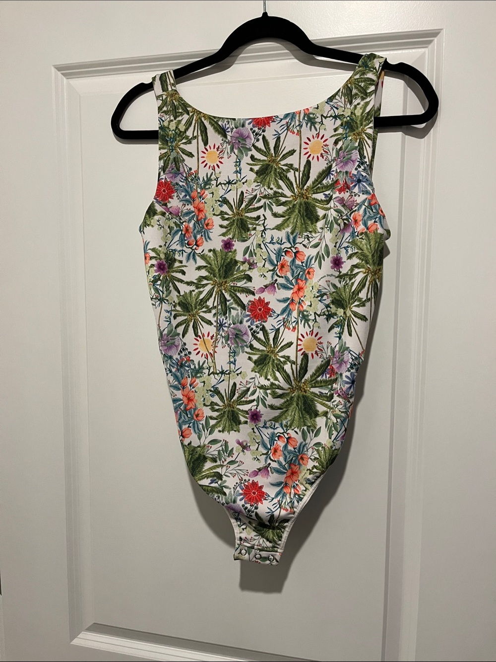 Girls Tropical Floral One-Piece Swimsuit - White with Green & Multicolor Print